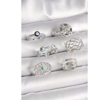 Pirinç Gümüş Renk Nazar Boncuk Zirkon Taş Detaylı Dalga Figür Kadın Yüzük Kombini - TJ-BYK3653