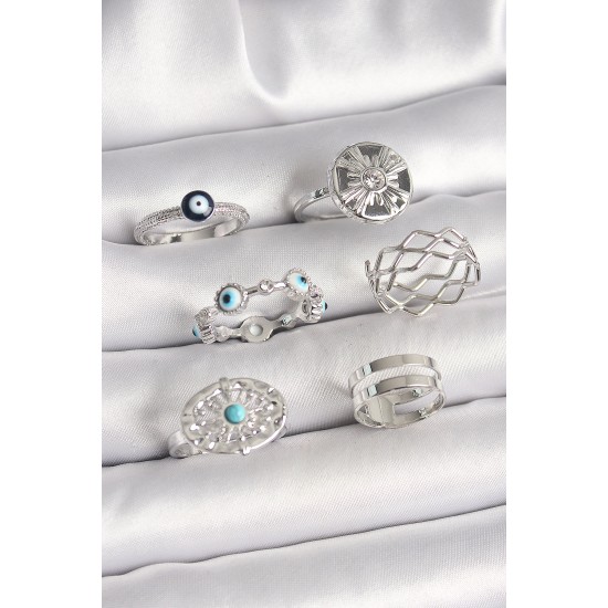 Pirinç Gümüş Renk Nazar Boncuk Zirkon Taş Detaylı Dalga Figür Kadın Yüzük Kombini - TJ-BYK3653