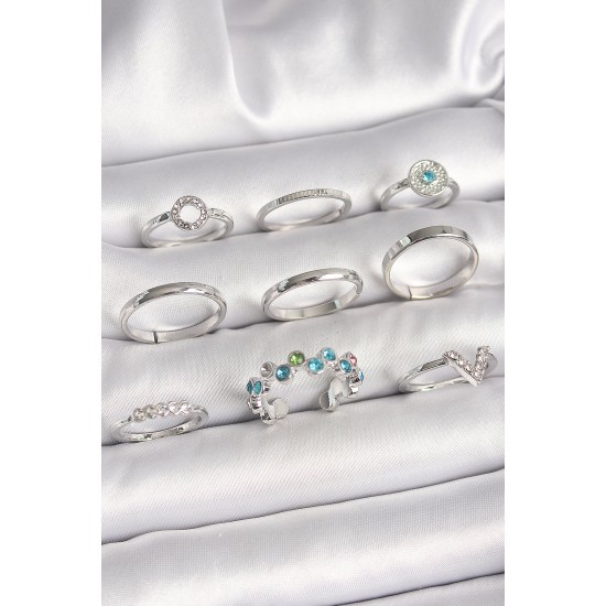 Pirinç Gümüş Renk Renkli Zirkon Taşlı Kadın Yüzük Kombini - TJ-BYK3654