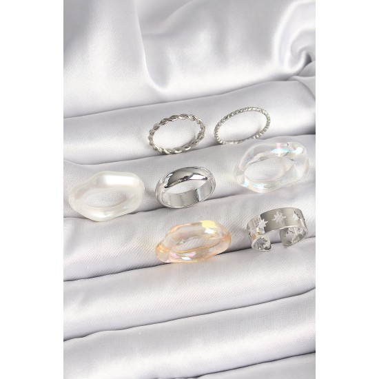 Pirinç Gümüş Renk Beyaz Akrilik Plastik Model Kutup Yıldız İşleme Detaylı Kadın Yüzük Kombini - TJ-BYK3655