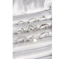 Pirinç Gümüş Renk Zirkon Taşlı Kalp Figür Yıldız Detay Kadın Yüzük Kombini - TJ-BYK3656