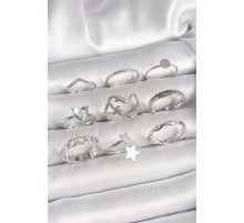 Pirinç Gümüş Renk Zirkon Taşlı Kalp Figür Yıldız Detay Kadın Yüzük Kombini - TJ-BYK3656