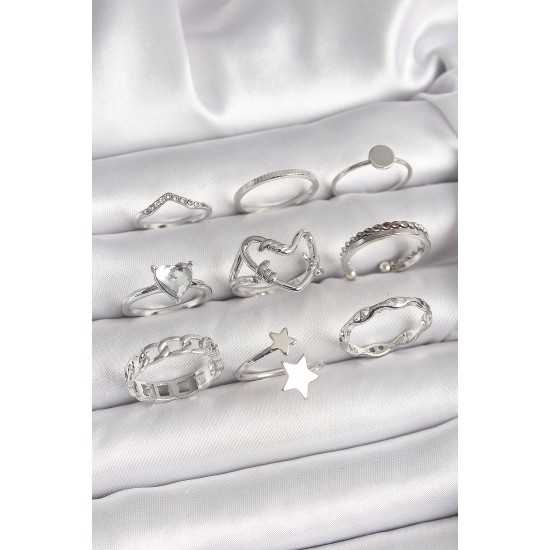 Pirinç Gümüş Renk Zirkon Taşlı Kalp Figür Yıldız Detay Kadın Yüzük Kombini - TJ-BYK3656