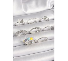 Pirinç Gümüş Renk Renkli Kalp Zirkon Taş Kelebek Detaylı Kadın Yüzük Kombini - TJ-BYK3657