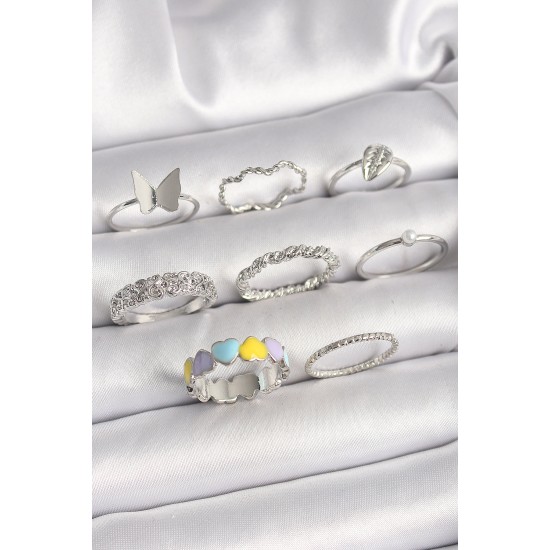 Pirinç Gümüş Renk Renkli Kalp Zirkon Taş Kelebek Detaylı Kadın Yüzük Kombini - TJ-BYK3657