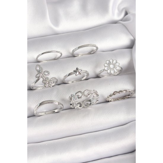 Pirinç Gümüş Renk Zirkon Taşlı Kelebek Figür Çiçek Yıldız Detay Kadın Yüzük Kombini - TJ-BYK3658