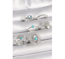 Pirinç Gümüş Renk Mavi Taşlı Kare Zirkon Taş Detaylı Kadın Yüzük Kombini - TJ-BYK3659