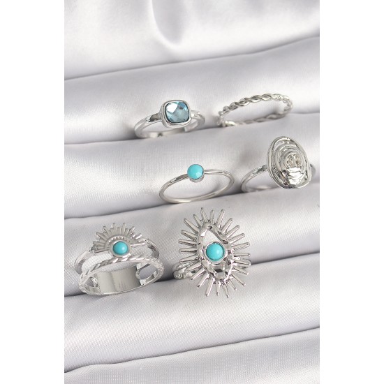 Pirinç Gümüş Renk Mavi Taşlı Kare Zirkon Taş Detaylı Kadın Yüzük Kombini - TJ-BYK3659