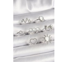 Pirinç Gümüş Renk Beyaz Sedefli Kalp Figür Kurdele Detay Kadın Yüzük Kombini - TJ-BYK3660