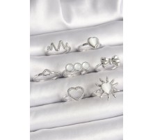 Pirinç Gümüş Renk Beyaz Sedefli Kalp Figür Kurdele Detay Kadın Yüzük Kombini - TJ-BYK3660