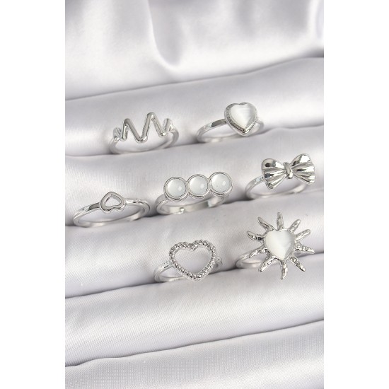 Pirinç Gümüş Renk Beyaz Sedefli Kalp Figür Kurdele Detay Kadın Yüzük Kombini - TJ-BYK3660