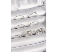 Pirinç Gümüş Renk Zirkon Taşlı Kalp Model Kadın Yüzük Kombini - TJ-BYK3661