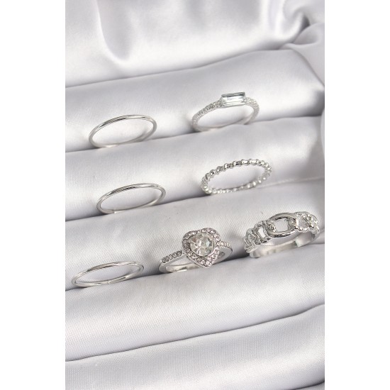 Pirinç Gümüş Renk Zirkon Taşlı Kalp Model Kadın Yüzük Kombini - TJ-BYK3661