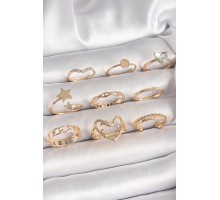 Pirinç Gold Renk Zirkon Taş Detaylı Kalp Yıldız Figür Kadın Yüzük Kombini - TJ-BYK3662