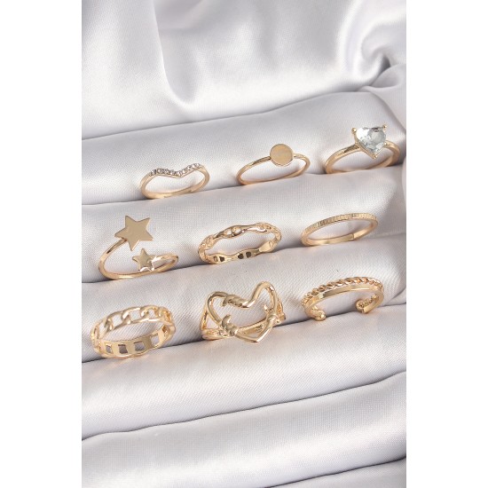 Pirinç Gold Renk Zirkon Taş Detaylı Kalp Yıldız Figür Kadın Yüzük Kombini - TJ-BYK3662
