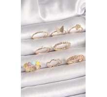 Pirinç Gold Renk Renkli Kalp Model İnci Detay Kadın Yüzük Kombini - TJ-BYK3663