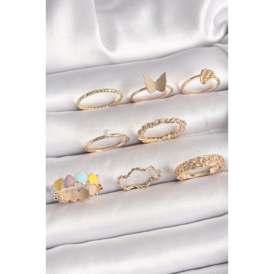 Pirinç Gold Renk Renkli Kalp Model İnci Detay Kadın Yüzük Kombini - TJ-BYK3663