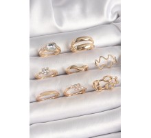 Pirinç Gold Renk Zirkon Taşlı Dalga Model Zincir Detay Kadın Yüzük Kombini - TJ-BYK3664