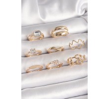 Pirinç Gold Renk Zirkon Taşlı Dalga Model Zincir Detay Kadın Yüzük Kombini - TJ-BYK3664