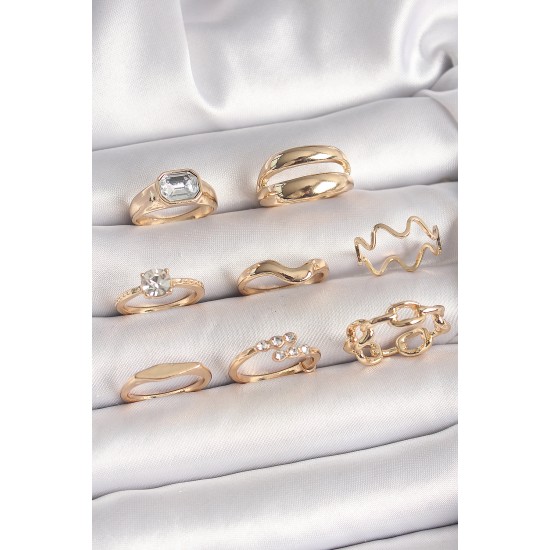 Pirinç Gold Renk Zirkon Taşlı Dalga Model Zincir Detay Kadın Yüzük Kombini - TJ-BYK3664