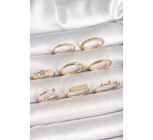 Pirinç Gold Renk Goemetrik Sembol Model Zirkon Taş Detaylı Kadın Yüzük Kombini - TJ-BYK3665