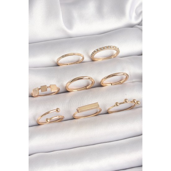 Pirinç Gold Renk Goemetrik Sembol Model Zirkon Taş Detaylı Kadın Yüzük Kombini - TJ-BYK3665