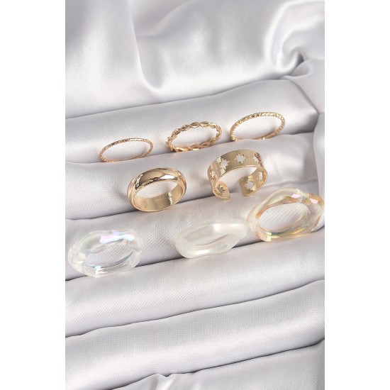 Pirinç Gold Renk Beyaz Akrilik Plastik Modek Kutup Yıldız İşleme Detay Kadın Yüzük Kombini - TJ-BYK3666