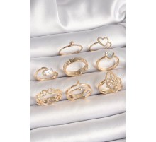 Pirinç Gold Renk Zirkon Taşlı Kalp Model Kutup Yıldız Detay Kadın Yüzük Kombini - TJ-BYK3667