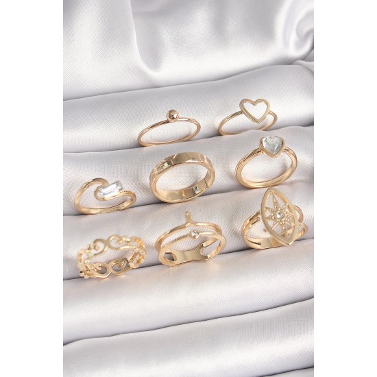 Pirinç Gold Renk Zirkon Taşlı Kalp Model Kutup Yıldız Detay Kadın Yüzük Kombini - TJ-BYK3667