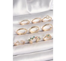 Pirinç Gold Renk Renkli Zirkon Taşlı Kadın Yüzük Kombini - TJ-BYK3668