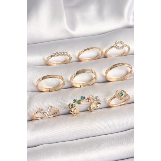 Pirinç Gold Renk Renkli Zirkon Taşlı Kadın Yüzük Kombini - TJ-BYK3668