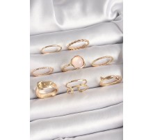 Pirinç Gold Renk Pembe Mineli Kemer Model Kadın Yüzük Kombini - TJ-BYK3669