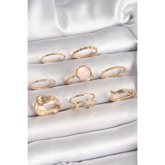 Pirinç Gold Renk Pembe Mineli Kemer Model Kadın Yüzük Kombini - TJ-BYK3669