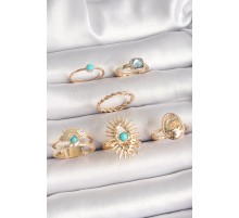 Pirinç Gold Renk Mavi Taşlı Göz Model Kare Zirkon Taşlı Kadın Yüzük Kombini - TJ-BYK3670