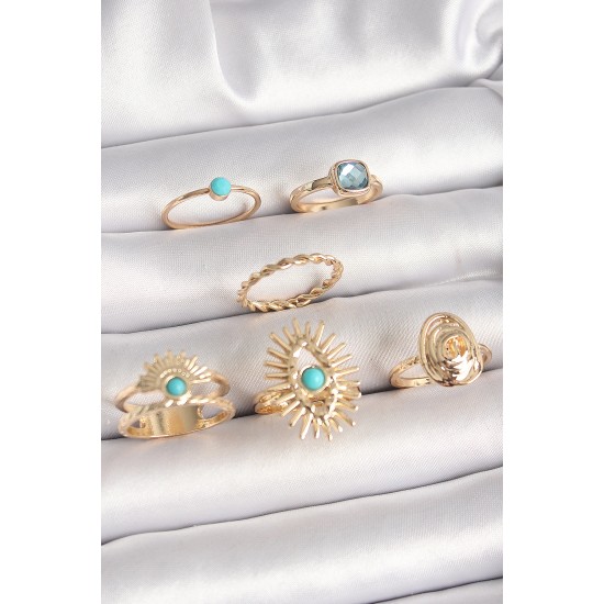 Pirinç Gold Renk Mavi Taşlı Göz Model Kare Zirkon Taşlı Kadın Yüzük Kombini - TJ-BYK3670