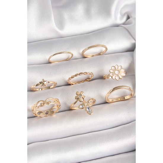 Pirinç Gold Renk Çiçek Model Zirkon Taş Detay Kadın Yüzük Kombini - TJ-BYK3671