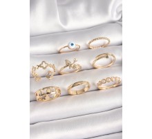 Pirinç Gold Renk Nazar Boncuk Model Kuş Detay Kadın Yüzük Kombini - TJ-BYK3672