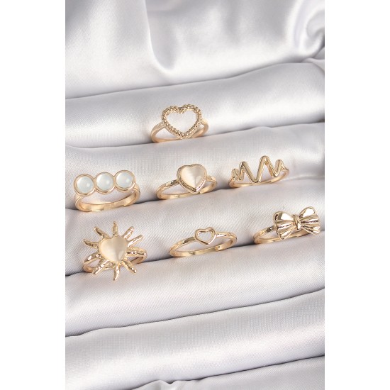 Pirinç Gold Renk Beyaz Mineli Kalp Model Kurdele Detay Kadın Küpe Kombini - TJ-BYK3673