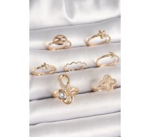 Pirinç Gold Renk Zirkon Taşlı Sonsuzluk Figür Yıldız Detay Kadın Yüzük Kombini - TJ-BYK3674