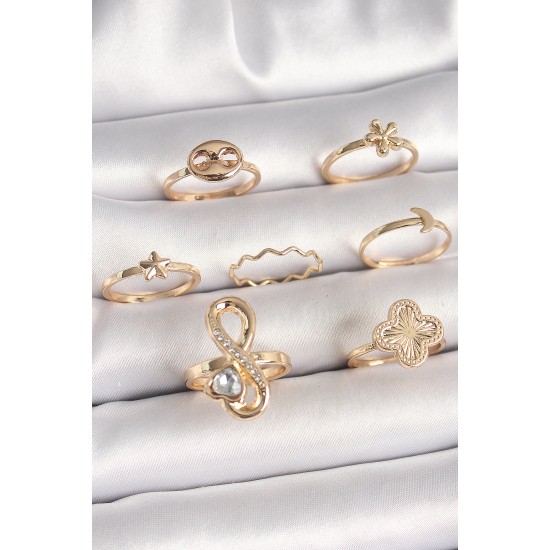 Pirinç Gold Renk Zirkon Taşlı Sonsuzluk Figür Yıldız Detay Kadın Yüzük Kombini - TJ-BYK3674