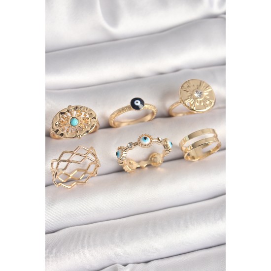 Pirinç Gold Renk Mavi Taşlı Zirkon Taş Detaylı Dalga Model Kadın Yüzük Kombini - TJ-BYK3675