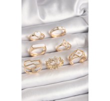 Pirinç Gold Renk Beyaz Mineli Kalp Zirkon Taşlı Çiçek Detay Kadın Yüzük Kombini - TJ-BYK3676