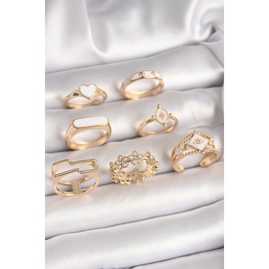 Pirinç Gold Renk Beyaz Mineli Kalp Zirkon Taşlı Çiçek Detay Kadın Yüzük Kombini - TJ-BYK3676