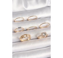 Pirinç Gold Renk Zirkon Taşlı Kalp Figür Düğüm Detay Kadın Yüzük Kombini - TJ-BYK3677