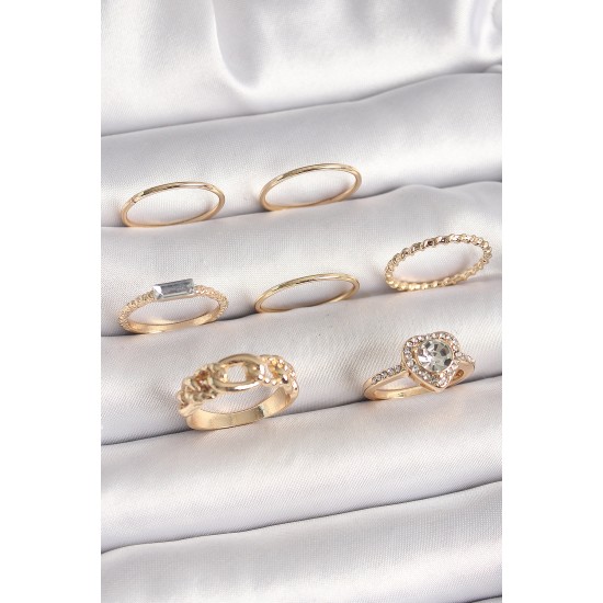 Pirinç Gold Renk Zirkon Taşlı Kalp Figür Düğüm Detay Kadın Yüzük Kombini - TJ-BYK3677