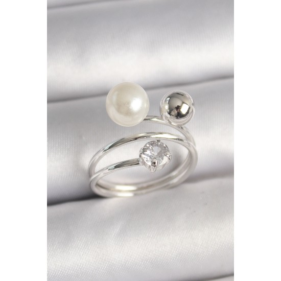 Pirinç Gümüş Renk Zirkon Taşlı Toplu İnci Model Kadın Yüzük - TJ-BYK3678