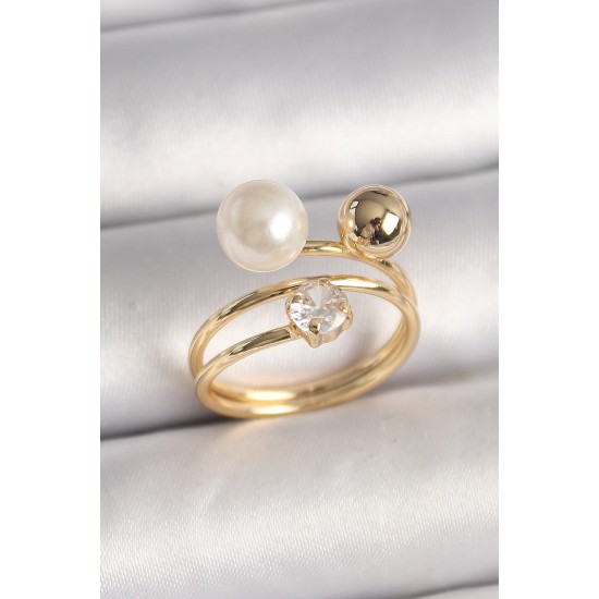 Pirinç Gold Renk Zirkon Taşlı Top İnci Model Kadın Yüzük - TJ-BYK3679