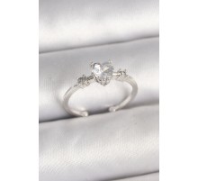 Pirinç Gümüş Renk Zirkon Taşlı Kalp Model Ayarlanabilir Kadın Yüzük - TJ-BYK3684