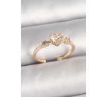 Pirinç Gold Renk Zirkon Taşlı Kalp Model Ayarlanabilir Kadın Yüzük - TJ-BYK3685