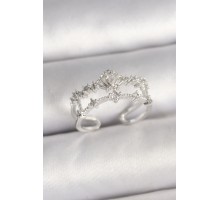 Pirinç Gümüş Renk Zirkon Taşlı Taç Model Ayarlanabilir Kadın Yüzük - TJ-BYK3686